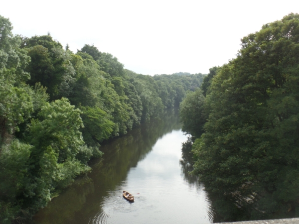 A view of the river in Durham, surrounded by trees and with a lone row boat in the middle