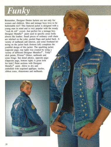 An old magazine article titled Funky and featuring a blond guy in a weirdly decorated denim jacket