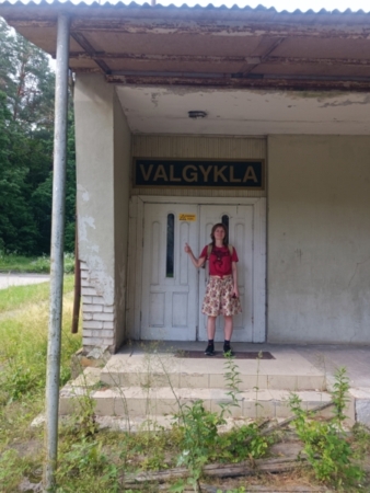 A derelict building with a sign that says 'Valgykla' (i.e. 'canteen')